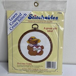 Welcome Teddy Counted Cross-Stitch Kit By Stitchables 4" Hoop Frame